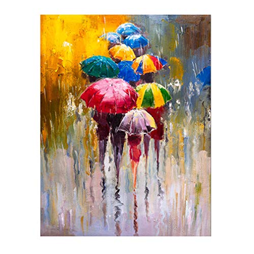 QUANHUA Wandkunst Bilder 100% handgemalte Ölgemälde auf Leinwand Abstrakte Menschen im Regen mit bunten Regenschirmen Hochzeit für Wohnzimmerdekoration,B,16" x 24" (40cm x 60cm) von QUANHUA