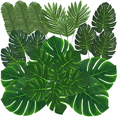 QUANQIUFEI 100 Stück 8 Arten künstliche Palmenblätter, tropische künstliche Blätter, Monstera-Blatt, Gold und Grün, künstliche Blätter für Safari, Dschungel, Hawaii, Party, Tischdekoration (Farbe B) von QUANQIUFEI