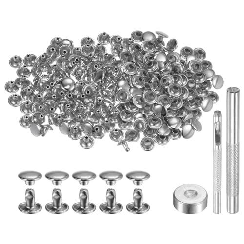 QUARKZMAN 100 Sets Ledernieten, 6 x 8 mm, Metall, Doppelkappe, Nieten, Druckknöpfe, Nieten, Verschlüsse mit 3 Setzwerkzeugen, Nieten für Lederhandwerk, DIY, Reparatur, Dekoration, Silberton von QUARKZMAN