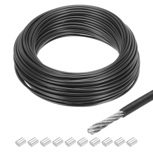 QUARKZMAN Drahtseil Edelstahl 30M x 3 mm Stahlseil PVC ummantelt mit 10 Aluminiumhülsen Sicherungsdraht Aufhänger für Bilder Vorhang Geländer Outdoor Gartenmöbel Sonnensegel, Schwarz von QUARKZMAN