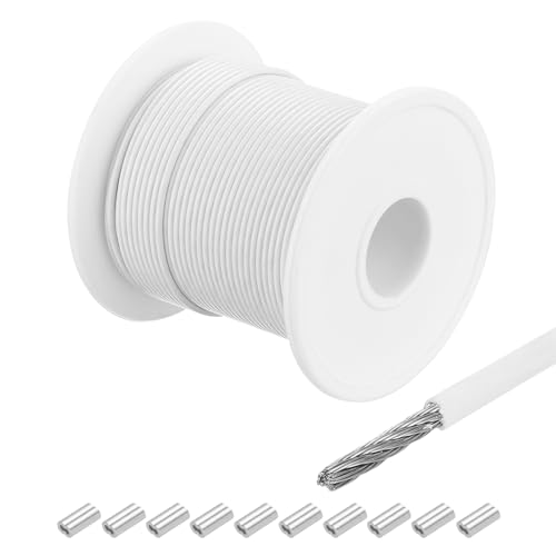 QUARKZMAN Drahtseil Edelstahl 30M x 1 mm Stahlseil PVC ummantelt mit 10 Aluminiumhülsen Sicherungsdraht Aufhängedraht Drahtkabel Wäscheleine für Bilder Outdoor Zaun Gardinen, Weiß von QUARKZMAN
