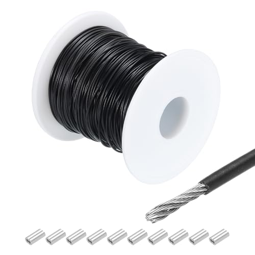QUARKZMAN 100Ft(30M) Drahtseil 304 Edelstahlkabel 3/64"(1mm) Vinylbeschichtet mit 10 Aluminiumhülsen zum Aufhängen, Wäscheleinen, Schwarz von QUARKZMAN