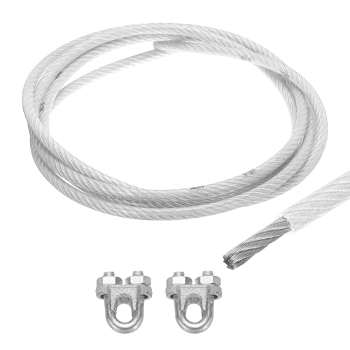 QUARKZMAN 10mm (3/8 Zoll) Transparent ummanteltes Drahtseil, 3 Meter / 10 Fuß verzinktes Stahlseil mit 2 Stück M10 Schlaufenhülsen zum Aufhängen von, Geländern und Gartenkabeln von QUARKZMAN