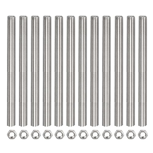 QUARKZMAN 12 Stück M10 x 200mm Voll Gewindestange 304 Edelstahl Gewindestangen Rechtshänder Gewindestäbe Gewindestifte Stabbolzen mit 12 Stück Sechskantmuttern 1.5mm Gewinde Abstand von QUARKZMAN