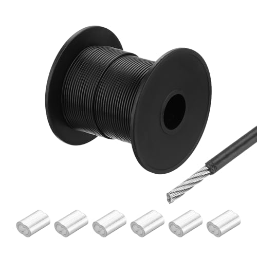QUARKZMAN Drahtseil Edelstahl 40M x 1,5 mm Stahlseil PVC ummantelt mit 6 Aluminiumhülsen Sicherungsdraht Aufhängedraht Drahtkabel Wäscheleine für Bilder Outdoor Zaun Gardinen, Schwarz von QUARKZMAN