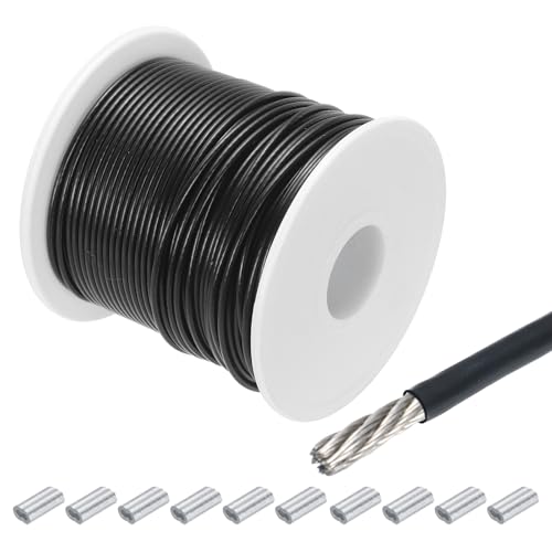QUARKZMAN Drahtseil Edelstahl 50M x 1,5 mm Stahlseil PVC ummantelt mit 10 Aluminiumhülsen Sicherungsdraht Aufhängedraht Drahtkabel Wäscheleine für Bilder Outdoor Zaun Gardinen, Schwarz von QUARKZMAN