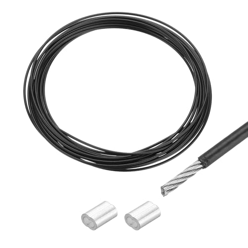 QUARKZMAN Drahtseil Edelstahl 5M x 1,5 mm Stahlseil PVC ummantelt mit 2 Aluminiumhülsen Sicherungsdraht Aufhänger für Bilder Vorhang Geländer Outdoor Gartenmöbel Sonnensegel, Schwarz von QUARKZMAN