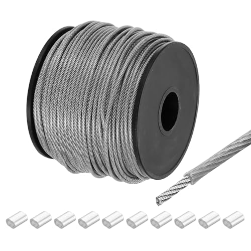 QUARKZMAN 197Ft(60M) Drahtseil 304 Edelstahlkabel 1/12"(2mm) Vinylbeschichtet mit 10 Aluminiumhülsen zum Aufhängen, Wäscheleinen, Heben Transparent von QUARKZMAN