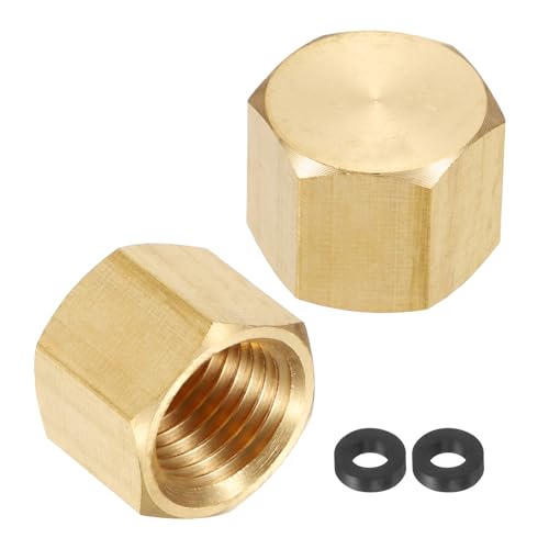 QUARKZMAN 2 Stücke Messing Sechskant-Stecker-Kompressionskappe Fitting Stop Ventilkappe, 1/4" NPT Sechskant-Gewinde-Rohrverschraubung Flare-Kappe Rohrende für Klimaanlage, Wasser, Gold von QUARKZMAN