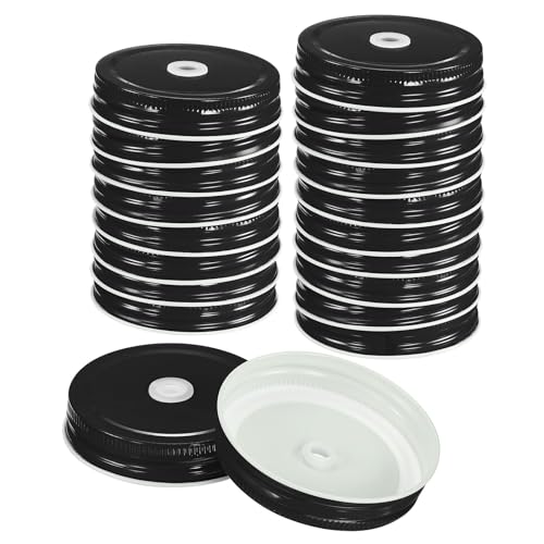 QUARKZMAN 20Stk Einmachglas Deckel mit Strohhalm Loch 70mm Weißblech Einmachglas Deckel Passend Normal Mund Deckel Set Wiederverwendbar für Heimwerken Trinken Täglich Essen Lagerung Schwarz von QUARKZMAN