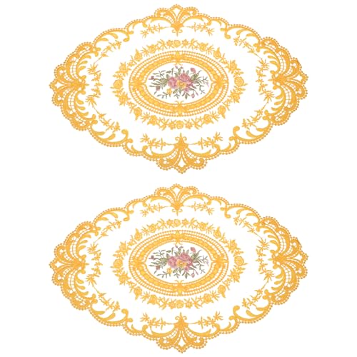 QUARKZMAN 2er Pack Retro Spitzenplatzdeckchen 30x40 cm Oval Bestickte Tischsets Französische Häkeldeckchen Untersetzer Tassenmatte für Zuhause Hochzeit, Gelb von QUARKZMAN