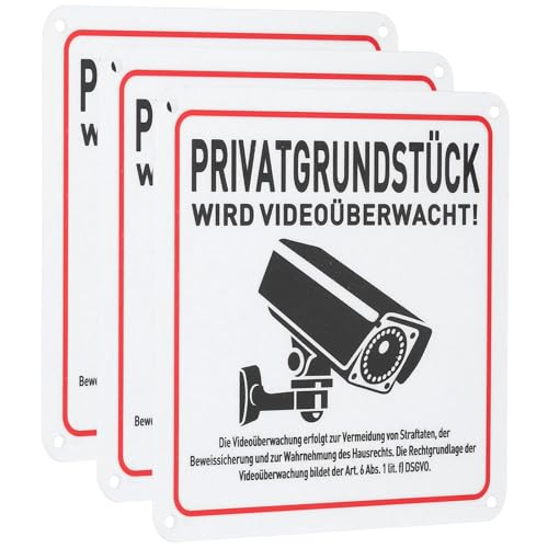 QUARKZMAN 3 Stück Achtung Videoüberwachung Schild 15 x 15 cm Privatgrundstück Aluminium Selbstklebend Warnschild mit Bohrlöcher Reflektierend Hinweisschilder für Überwachung Kamera Attrappe von QUARKZMAN