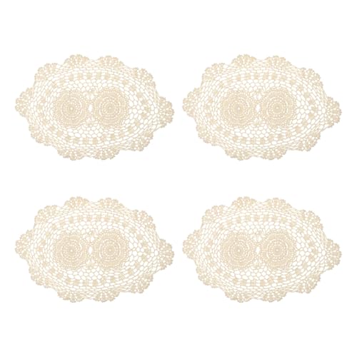 QUARKZMAN 4 Stück 16x10 Zoll Handgemachte Häkeldeckchen, Polyester-Baumwoll-Tischsets ovale Tischhäkeldeckchen für Esstisch Küche Partys, Beige von QUARKZMAN