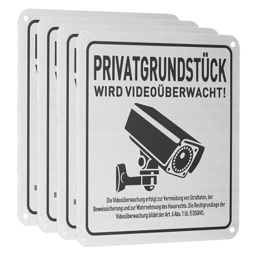 QUARKZMAN 4 Stück Achtung Videoüberwachung Schild 15 x 15 cm Privatgrundstück Aluminium Selbstklebend Warnschild mit Bohrlöcher Rostfrei Hinweisschilder für Überwachung Kamera Attrappe von QUARKZMAN