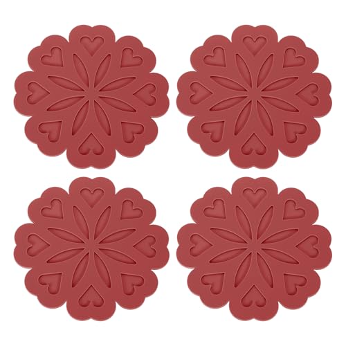 QUARKZMAN 4 Stück Silikon-Untersetzer, Blumenmuster Silikon-Pad Heißpad Pfannenschutz Tischschutz Hitzebeständiges Matte für Arbeitsplatte, Heiße Töpfe und Pfannen, Weinrot von QUARKZMAN