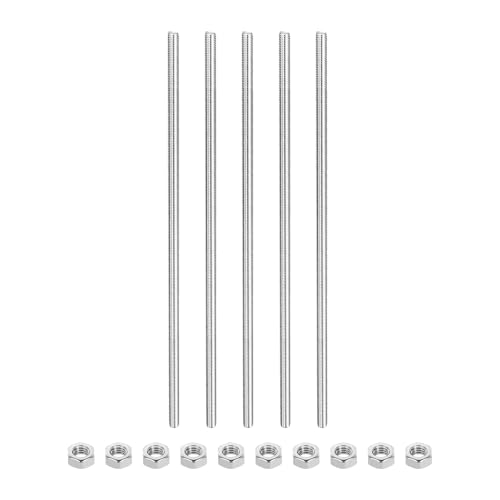 QUARKZMAN 5 Stück Gewindestangen M6 x 200mm mit 4 Sechskantmuttern Set, Gewindestab Edelstahl Voll Gewindestange Gewindestift für Möbeln Maschinen Befestigungssatz von QUARKZMAN