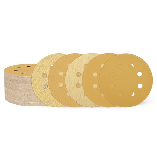 QUARKZMAN 50 Stück 125mm 5 Zoll Schleifscheibe 8 Loch 80/100/120/150/220 Körnung Klett-Schleifpapier Zufällige Orbital-Schleifpads für Holzbearbeitung Automobil Metall, Gold QUARKZMAN 50 Stück 125mm 5 Zoll Schleifscheibe 8 Loch 80/100/120/150/220 Körnung Klett-Schleifpapier Zufällige Orbital-Schleifpads für Holzbearbeitung Automobil Metall, Gold von QUARKZMAN
