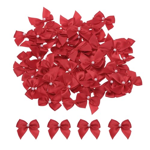 QUARKZMAN 60 Stück Mini-Rotes Schleifenband mit Perle 1" Schleifenblumen Nähen Applikationen für Basteln DIY Haarschleife Hochzeit Party Schleife Dekoration von QUARKZMAN