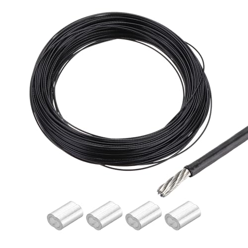 QUARKZMAN Drahtseil Edelstahl 20M x 0,8 mm Stahlseil PVC ummantelt mit 4 Aluminiumhülsen Sicherungsdraht Aufhänger für Bilder Vorhang Geländer Outdoor Gartenmöbel Sonnensegel, Schwarz von QUARKZMAN