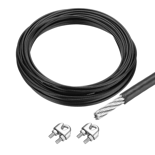 QUARKZMAN Drahtseil Edelstahl 20M x 5 mm Stahlseil PVC ummantelt mit 2 Seilklemmen Sicherungsdraht Aufhängedraht Drahtkabel Wäscheleine für Bilderrahmen Outdoor Zaun Gardinen, Schwarz von QUARKZMAN