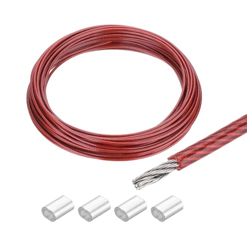 QUARKZMAN Drahtseil Edelstahl 20M x 4 mm Stahlseil PVC ummantelt mit 4 Aluminiumhülsen Sicherungsdraht Aufhänger für Bilder Vorhang Geländer Outdoor Gartenmöbel Sonnensegel, Rot von QUARKZMAN