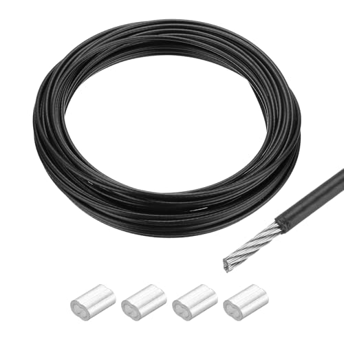 QUARKZMAN Drahtseil Edelstahl 20M x 4 mm Stahlseil PVC ummantelt mit 4 Aluminiumhülsen Sicherungsdraht Aufhänger für Bilder Vorhang Geländer Outdoor Gartenmöbel Sonnensegel, Schwarz von QUARKZMAN