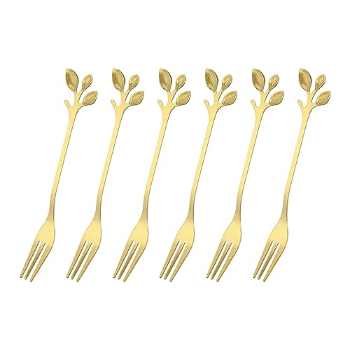 QUARKZMAN 6Stk Edelstahl Blatt Aperitifgabel 4.8" Geschirr Dessert Gabel Cocktail Picks Mini Torte Obst Gabel für Haus Party Gold von QUARKZMAN