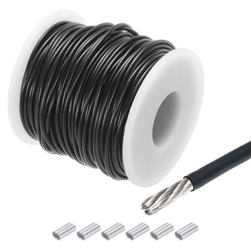 QUARKZMAN Drahtseil Edelstahl 30M x 1,5 mm Stahlseil PVC ummantelt mit 6 Aluminiumhülsen Sicherungsdraht Aufhängedraht Drahtkabel Wäscheleine für Bilder Outdoor Zaun Gardinen, Schwarz von QUARKZMAN
