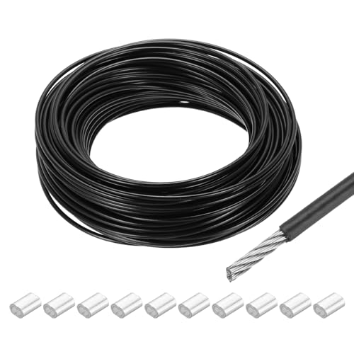 QUARKZMAN Drahtseil Edelstahl 30M x 3 mm Stahlseil PVC ummantelt mit 10 Aluminiumhülsen Sicherungsdraht Aufhänger Wäscheleine für Bilder Vorhang Geländer Outdoor Sonnensegel, Schwarz von QUARKZMAN