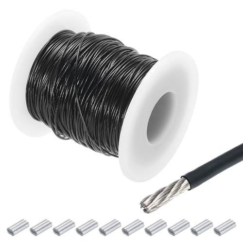 QUARKZMAN Drahtseil Edelstahl 50M x 0,8 mm Stahlseil PVC ummantelt mit 10 Aluminiumhülsen Sicherungsdraht Aufhängedraht Drahtkabel Wäscheleine für Bilder Outdoor Zaun Gardinen, Schwarz von QUARKZMAN
