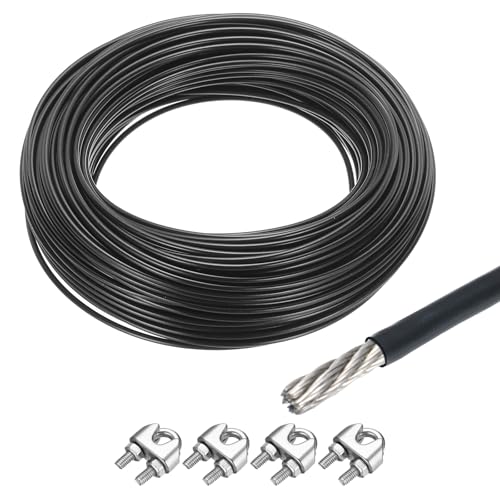 QUARKZMAN Drahtseil Edelstahl 50M x 2,5 mm Stahlseil PVC ummantelt mit 4 Seilklemmen Sicherungsdraht Aufhängedraht Drahtkabel Wäscheleine für Bilderrahmen Outdoor Zaun Gardinen, Schwarz von QUARKZMAN
