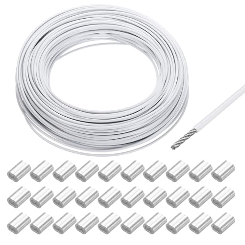 QUARKZMAN Drahtseil Edelstahl 50M x 2 mm Stahlseil PVC ummantelt mit 30 Aluminiumhülsen Sicherungsdraht Aufhänger für Bilder Vorhang Geländer Outdoor Gartenmöbel Sonnensegel, Weiß von QUARKZMAN