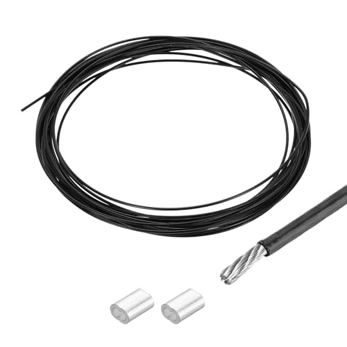 QUARKZMAN Drahtseil Edelstahl 5M x 1 mm Stahlseil PVC ummantelt mit 2 Aluminiumhülsen Sicherungsdraht Aufhänger für Bilder Vorhang Geländer Outdoor Gartenmöbel Sonnensegel, Schwarz von QUARKZMAN