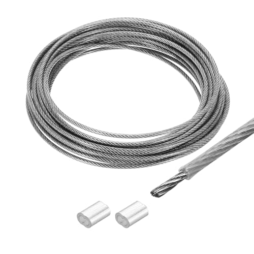 QUARKZMAN Drahtseil Edelstahl 5M x 2 mm Stahlseil PVC ummantelt mit 2 Aluminiumhülsen Sicherungsdraht Aufhänger für Bilder Vorhang Geländer Outdoor Gartenmöbel Sonnensegel, Transparent von QUARKZMAN