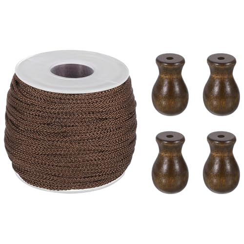 QUARKZMAN Geflochtener Aufzugsschnur, 1,8 mm 55 Yards/Rolle Nylonschnur mit 4 Stück Holz-Blindzugknöpfen für die Reparatur von römischen Jalousien, Vorhanghandwerk DIY (Braun) von QUARKZMAN