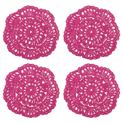 QUARKZMAN Gehäkelte Deckchen 4Stk 4" - Baumwolle Gewebte Stoff Untersetzer Spitze Runde Handgefertigte Untersetzer mit Blumen Muster für Hochzeit Party Dekoration (Rose Rot) von QUARKZMAN