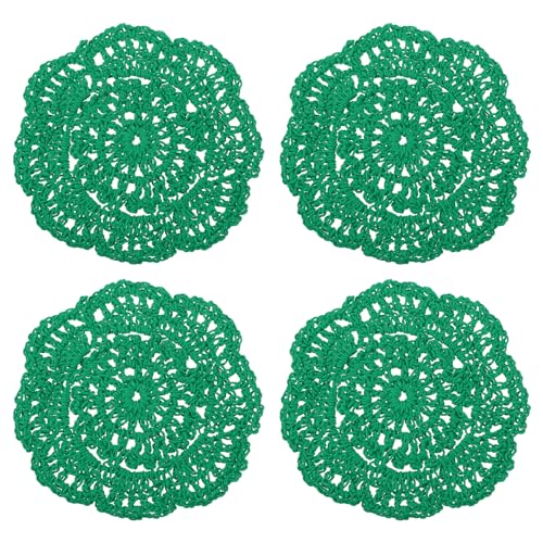 QUARKZMAN Gehäkelte Deckchen 4Stk 4" - Baumwolle Gewebte Stoff Untersetzer Spitze Runde Handgefertigte Untersetzer mit Blumen für Hochzeit Party Dekoration (Weihnachten Grün) von QUARKZMAN