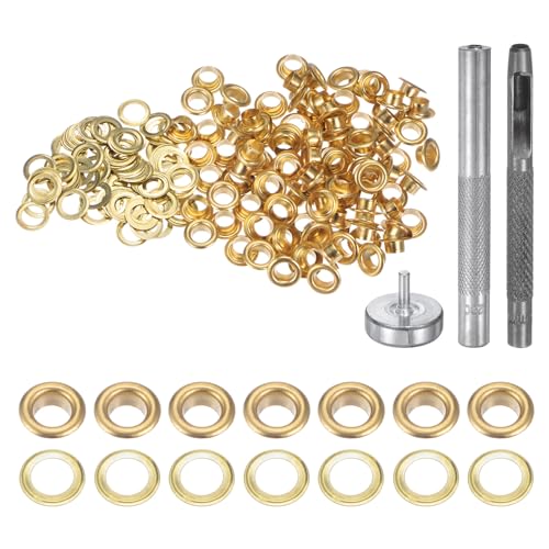 QUARKZMAN Grommet Werkzeug Kit, 100 Pcs 4,5mm Ösen mit 2 Ösenzange & 1 Scheiben Set, Metallösen Kupfer Tülle Stanzwerkzeug für Stoff Planen Leder Gewebe Vorhang Poolabdeckung, Gold von QUARKZMAN