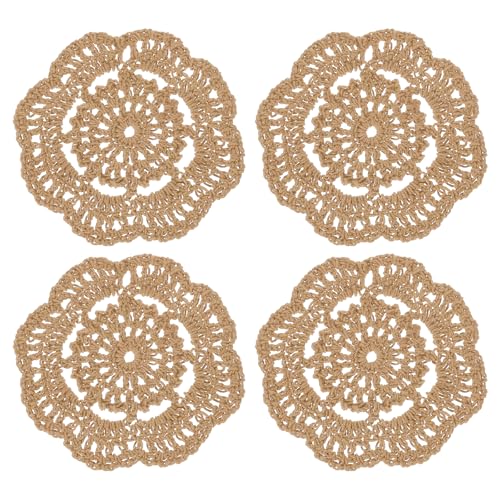 QUARKZMAN Häkeldeckchen, 4 Stück 4" Baumwollgewebte Untersetzer, Spitze runde handgemachte Untersetzer mit Blumenmuster für Hochzeitsfeier Dekoration (Hellbraun) von QUARKZMAN