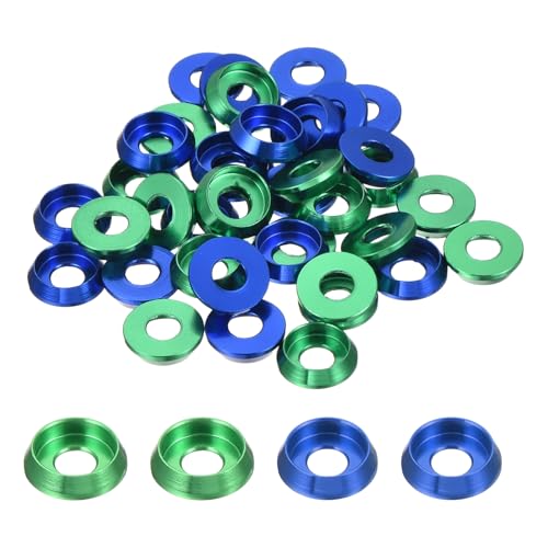 QUARKZMAN M3 Kegelbecher Senkscheiben, Bohrungsdurchmesser 3mm/0.12" Aluminiumdichtungen Becherkopf Unterlegscheibe Dichtung für Schrauben RC/FPV/PC Zubehörteile, Packung mit 40 (Grün/Blau) von QUARKZMAN