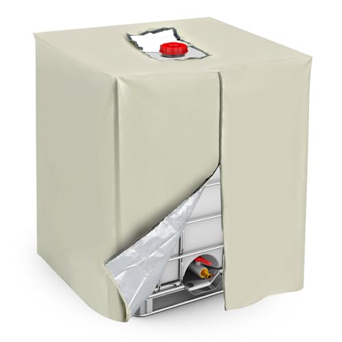 QUARKZMAN Reißverschluss IBC Tote Abdeckung 275 Gallonen, 420D Heavy Oxford wasserdichte Sonnenschutz Regenfass Schutzhülle für 1000L Outdoor Garten, (39,37 x 47,24 x 45,66 Zoll, Beige) von QUARKZMAN