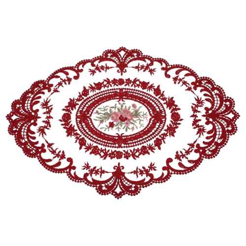 QUARKZMAN Retro Spitzenplatzdeckchen 12x16 Zoll Oval Bestickte Tischsets Französische Häkeldeckchen Untersetzer Tassenmatte für Zuhause Hochzeit, Dunkelrot von QUARKZMAN