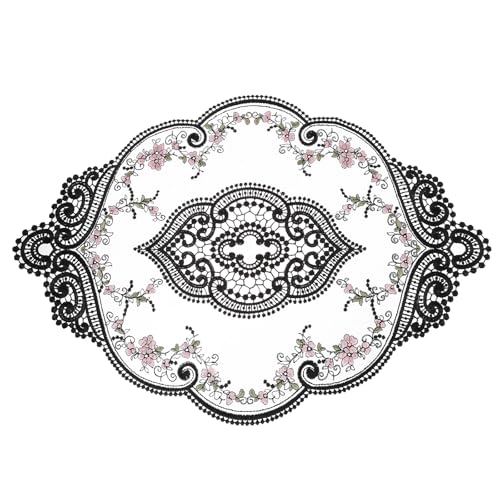 QUARKZMAN Retromatte Spitze 12x17 Zoll ovale bestickte Tischsets französische Häkeldeckchen Untersetzer Tassenmatte für Zuhause Hochzeit, Schwarz von QUARKZMAN
