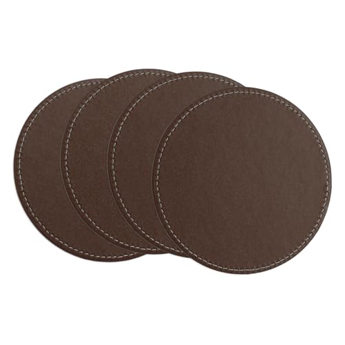 QUARKZMAN Runde Untersetzer-Set aus 4 weißen gesteppten doppelseitigen rutschfesten Wasserdichten Ledermatten für Getränke, Couchtisch, Einweihungsgeschenke, Wohnkultur 4"×4" Braun von QUARKZMAN