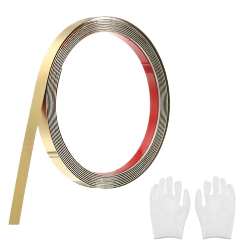 QUARKZMAN Zierleisten Selbstklebend Edelstahl mit Handschuh Wandleisten Selbstklebend Deckenleisten Selbstklebend Zierleiste für Wandspiegel Wohnkultur 3 x 10 mm Gebürstetes Gold von QUARKZMAN