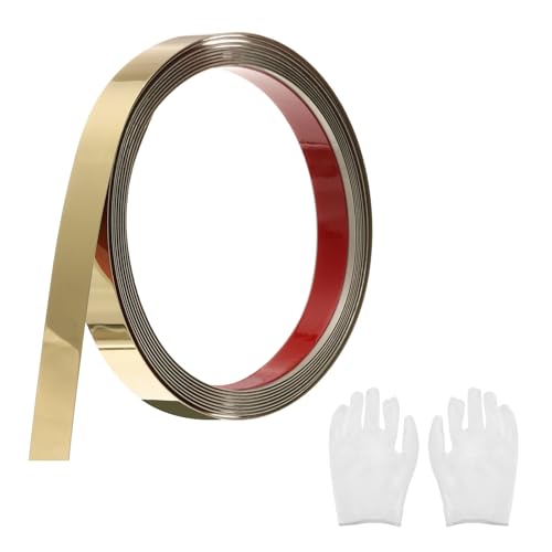 QUARKZMAN Zierleisten Selbstklebend Edelstahl mit Handschuh Wandleisten Selbstklebend Deckenleisten Selbstklebend Zierleiste für Wandspiegel Wohnkultur 3 x 15 mm Spiegelgold von QUARKZMAN