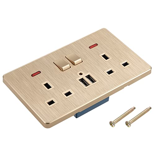 QUARKZMAN Zweifach UK Steckdose Schaltbare Mehrfach Steckdose Zweifach USB Gold Ton PC Paneel 250V 13A 146mmx88mm von QUARKZMAN