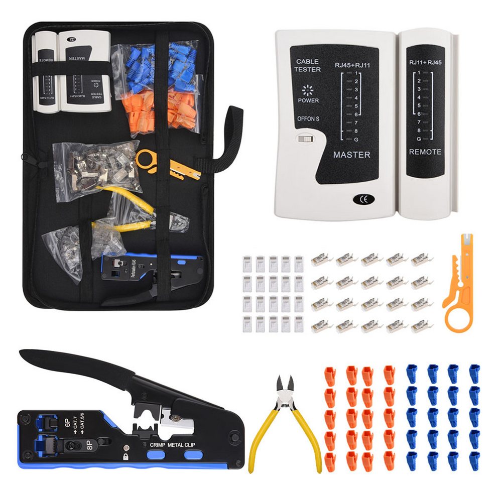 QUBEBU Abisolierzange RJ45 Netzwerk Reparatur Kit mit Netzwerkkabeltester Netzwerk-Crimper, mit 1 x RJ45-Crimpzange, 1 x Abisolierzange, 1 x Seitenschneider, 70-tlg., 40 x geschirmte pass through Netzwerkstecker Cat7/Cat6, 40xKnickschutz, 1 x Lan tester, 1 x Werkzeugtasche mit Reißverschluss. QUBEBU Abisolierzange RJ45 Netzwerk Reparatur Kit mit Netzwerkkabeltester Netzwerk-Crimper, mit 1 x RJ45-Crimpzange, 1 x Abisolierzange, 1 x Seitenschneider, 70-tlg., 40 x geschirmte pass through Netzwerkstecker Cat7/Cat6, 40xKnickschutz, 1 x Lan tester, 1 x Werkzeugtasche mit Reißverschluss. von QUBEBU