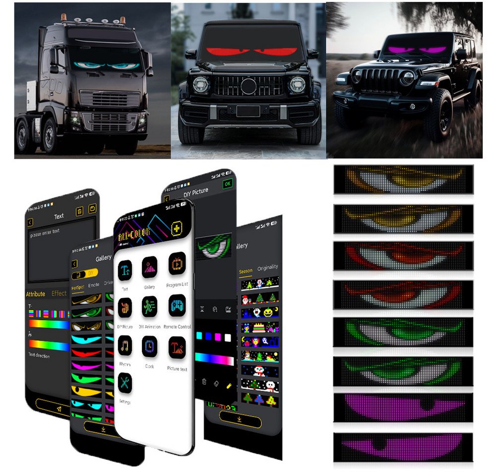 QUBEBU LED Dekolicht 2er Flexible LED Anzeigetafel Personalisiert Leuchtschild, Devil's Eye, LED fest integriert, Soft Screen Led Augen für LKW frontscheibe Smart App Bluetooth USB, Personalisiert Leuchtschild Bluetooth App für Auto, LKW, Bar, Party von QUBEBU