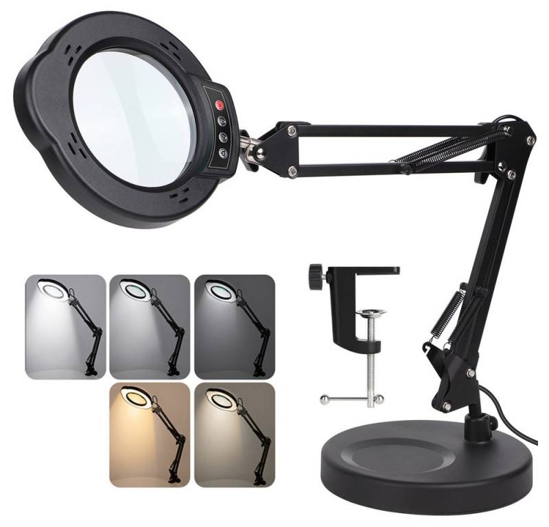QUBEBU LED Schreibtischlampe 10X Lupe LED Schreibtischlampe mit Klemme Schwenkarm-Architektenlampe, 1 Kits, Dimmbar in 5 Farben, verstellbarer Standfuß, 360° schwenkbar., für Arbeit, Lesen, Hobbys, Nähen, Basteln, Juweliere, Modellbau von QUBEBU